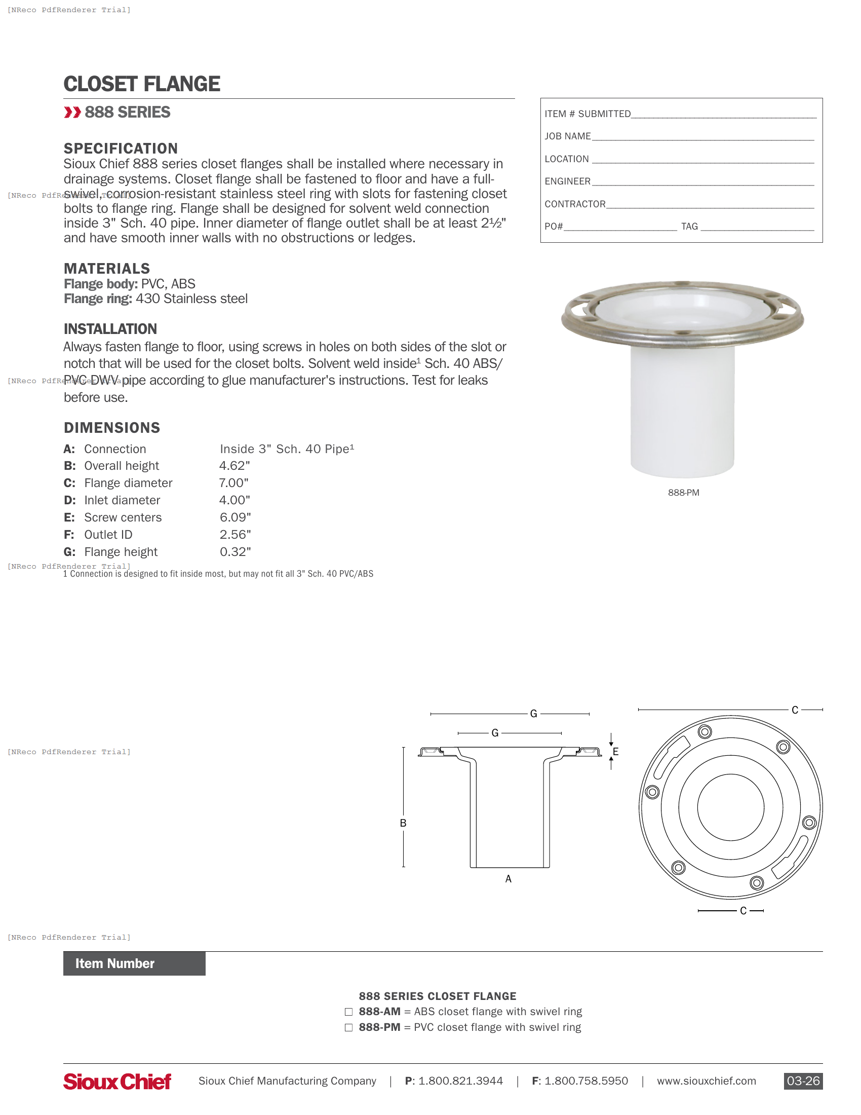 888 SERIES - CLOSET FLANGE WITH SS RING - SPEC SHEET.PDF Specification Document